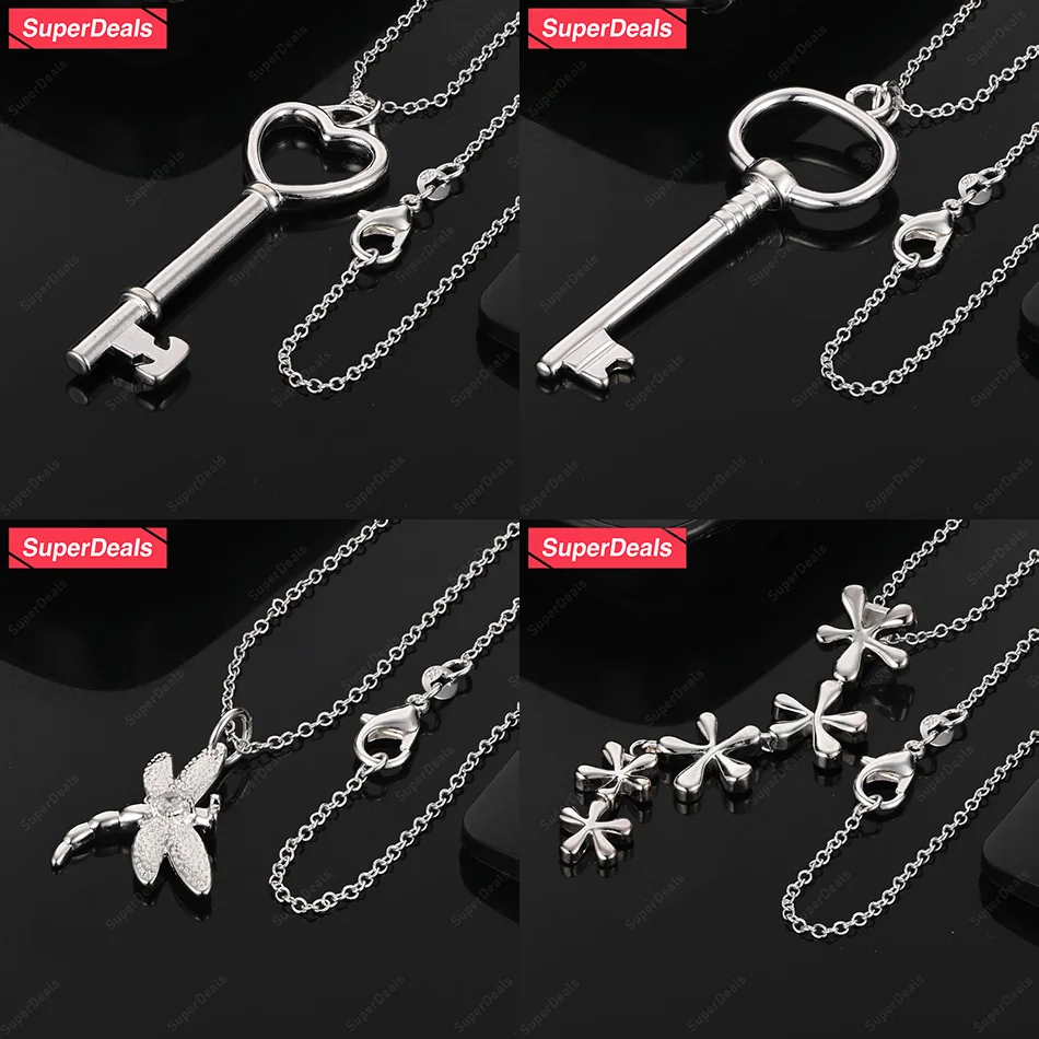 

SuperDeals 925 Sterling Silver Heart Key Flower Dragonfly Pendant Necklace Women Party Wedding Jewelry Cute Fine Birthday Gift