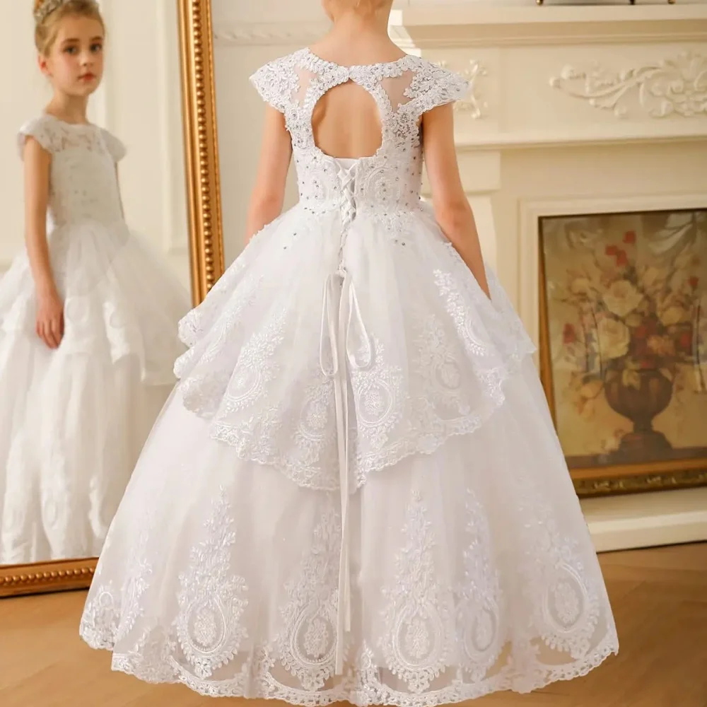 Iovry Flower Girl Dress Lace Applique A-Line Tiered Short Sleeves Birthday Party Kids Dresses Bridesmaid Sacrament Meeting Gowns