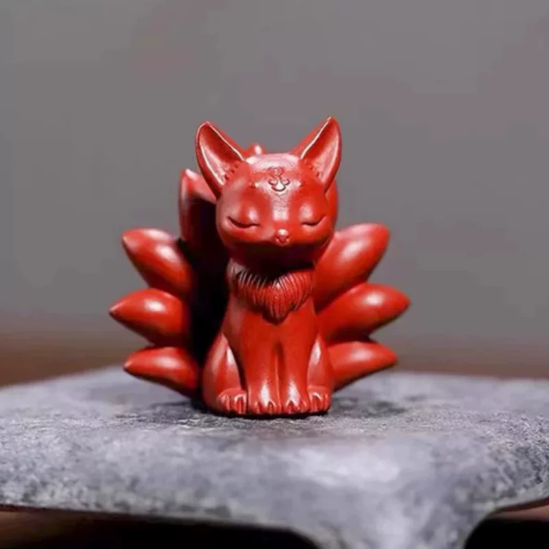 Vintage Yixing Zisha Clay Tea Pet - Handmade Carved Nine-Tailed Fox Statue, Exquisite Kung Fu Tea Table Accessory Craft