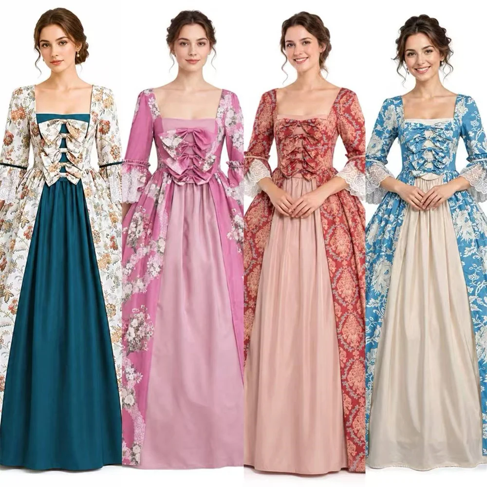 Rokoko-Kleid aus dem 18. Jahrhundert mit Blumenmuster, mittelalterliches Marie-Antoinette-Ballkleid im viktorianischen Hofstil