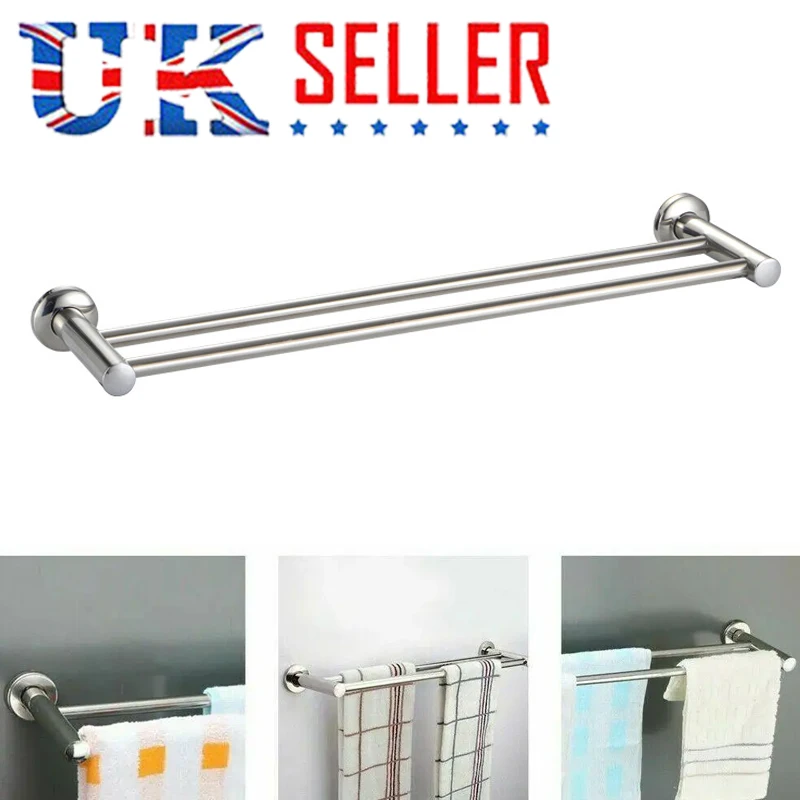 60CM Double Towel Rail Holder Wall Mounted Bathroom Rack Shelf Stainless Steel