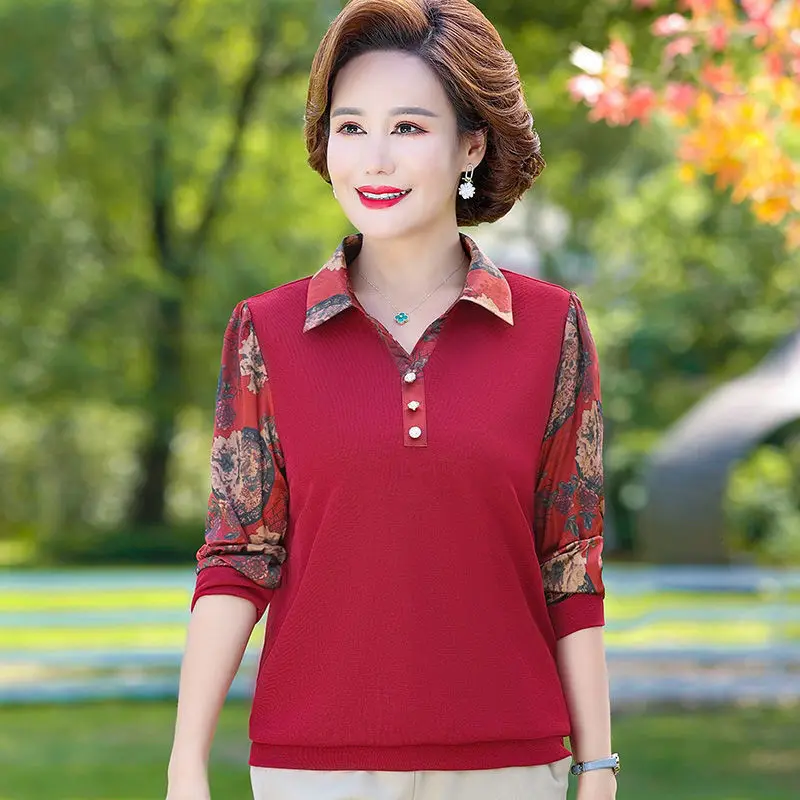 High-end Mother Style Long-sleeved T-shirt Shirt for Middle-aged and Elderly People Loose Slimming Large Size Top