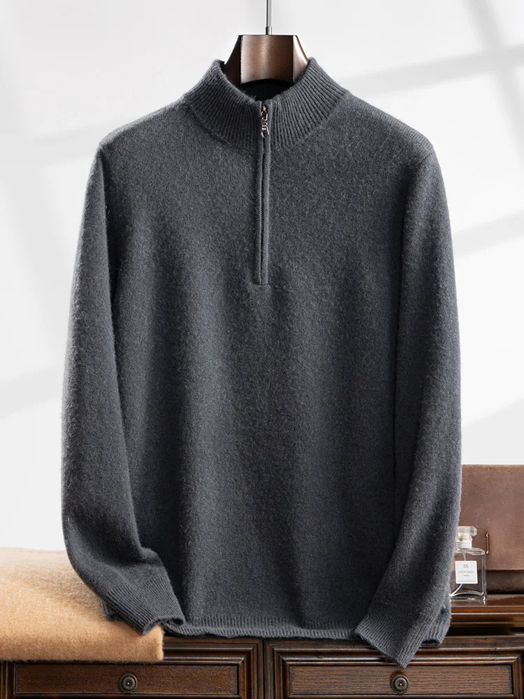 High Quality Men Mock Neck Cashmere Sweater Zipper Long Sleeve Pullover Autumn Winter Basic Smart Casual 100% Cashmere Knitwear