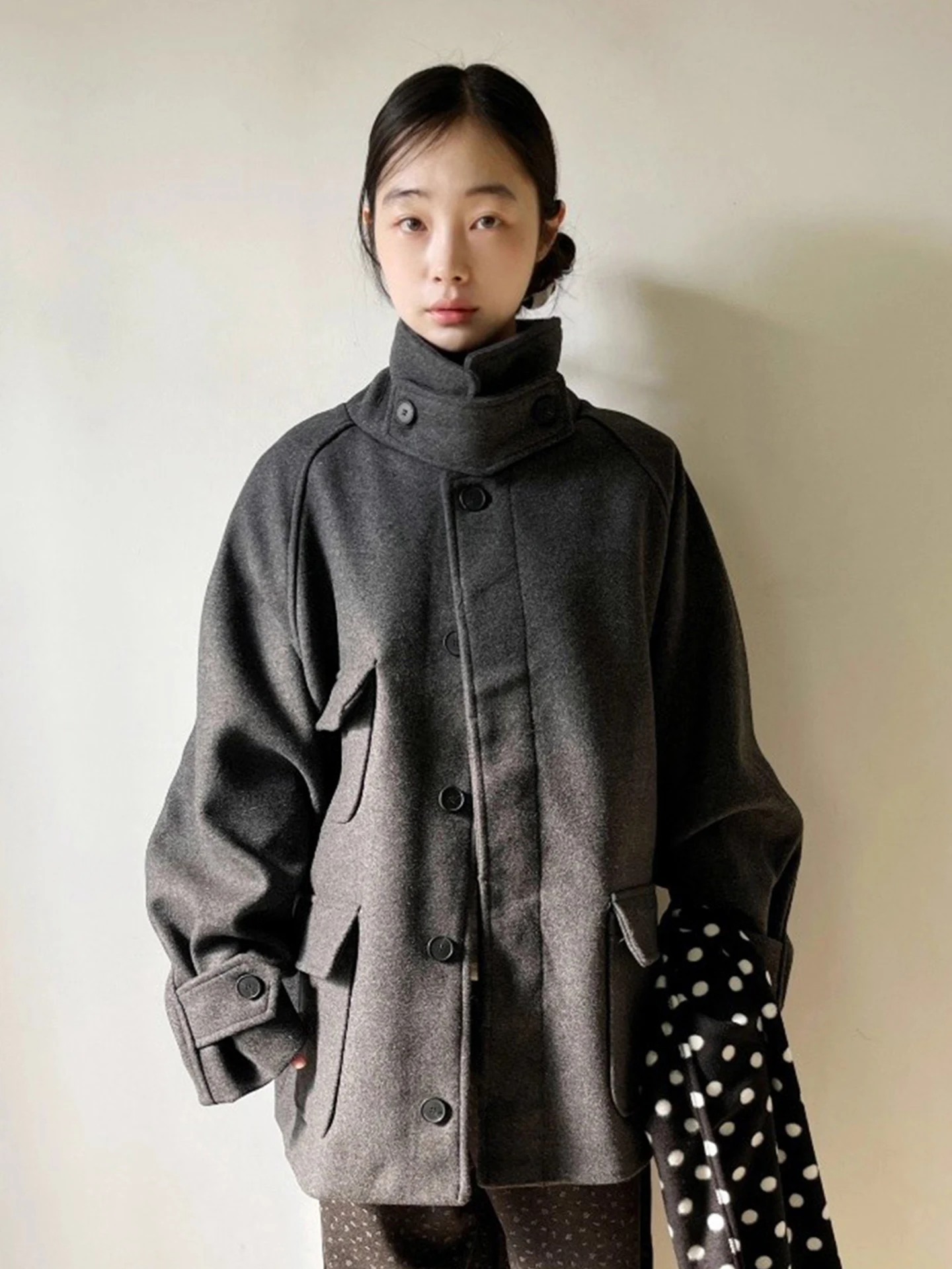 

Ele Woolen Coat Women's Long Stand Collar Loose Fit Autumn Winter Faion Retro Sle Button up No Hat Korean Sle