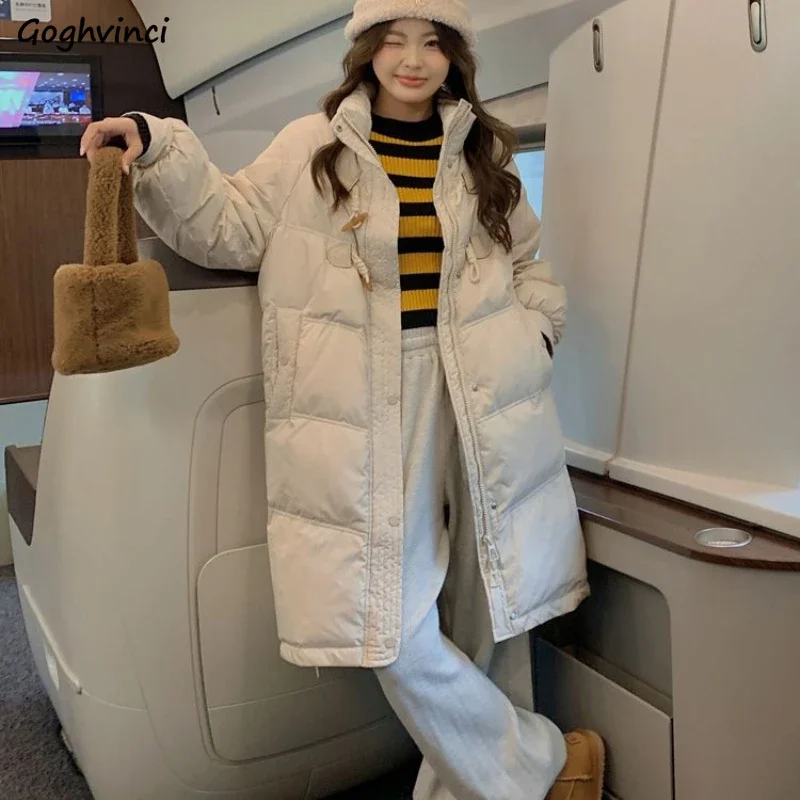 

Horn Buckle Parkas Women Winter Stand-collar Mid-length Casual Simple Students Sweet Girls Streetwear Loose Fit Young Warm Coats