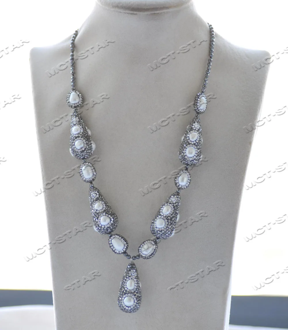 Z12384 21'' 35mm White Round Rice Pearl All CZ Tower Necklace Pendant