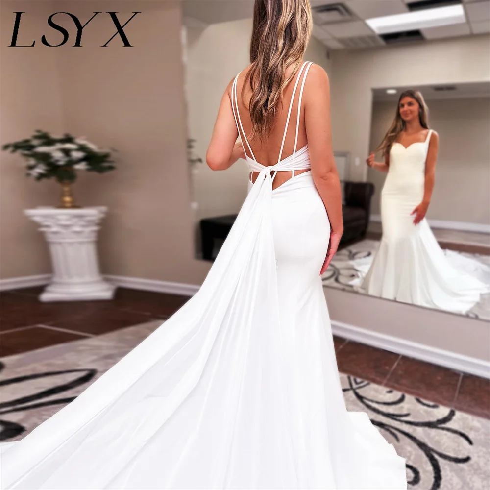 LSYX-Robe de Mariée Sirène en Crêpe pour Femme, Bretelles Spaghetti Simples, Train Court, Dos Ouvert, Patients, Sur Mesure, 2023