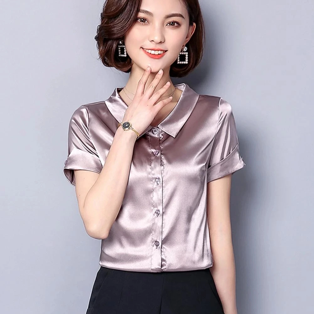

Bright Satin Silk Shirts for Women, Basic Work Shirts, Female Blouse, Tops, Elegant, Spring, Autumn, Office, Ladies