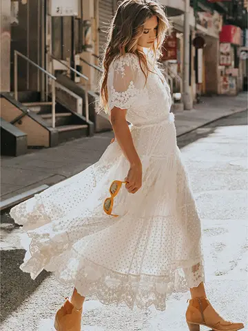 Hollow Out White Summer Women Long Lace Dress Cross Semi-Sheer Plunge V-Neck Short Sleeve Beach Maxi Dress Femme Vestidos