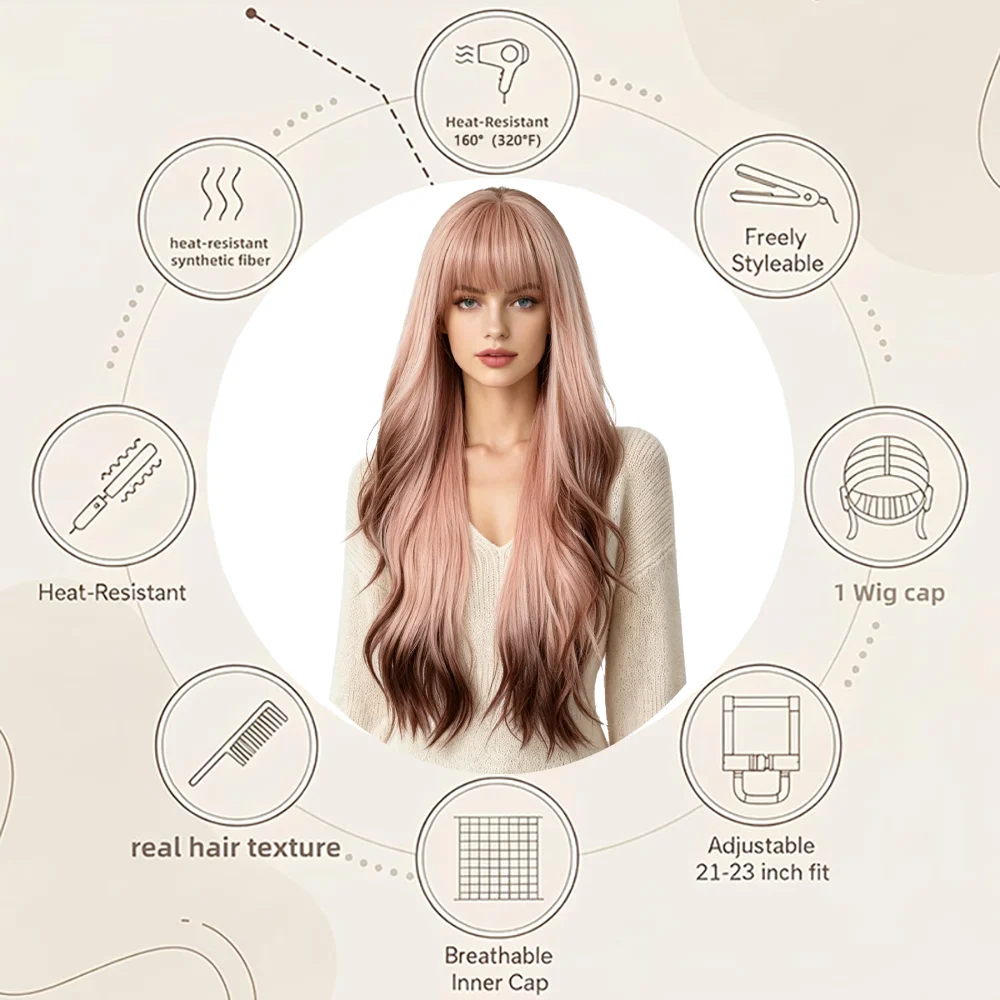 

Pink Brown Ombre Long Wavy Wig with Bangs Soft Natural Heat Resistant Synthetic Wig for Women Halloween Party Cosplay Daily Use