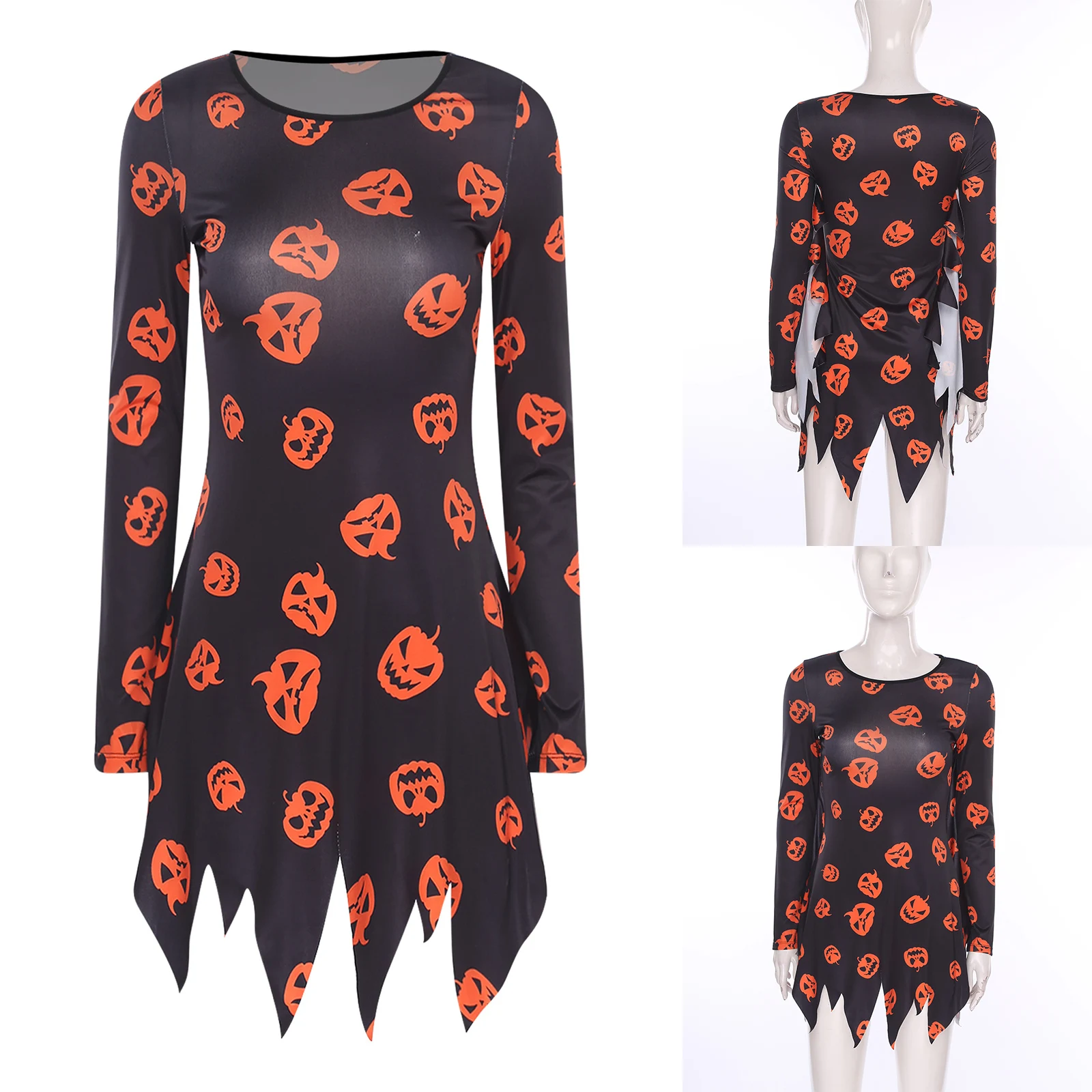 

Women Stylish Spooky Pumpkin Printed Dress Long Sleeve Jagged Trim Bodycon Dress for Halloween Carnival Cosplay Dress Outfits
