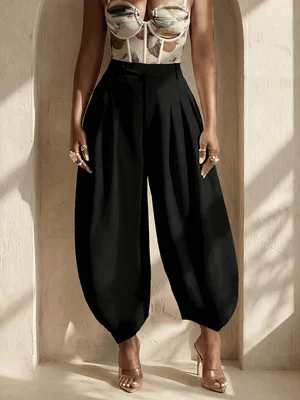 Damen Creme High-Waist Haremshose Plissierte Ballonhose Elegante Party-Abendhose aus Satin mit Taschen – Detail 6