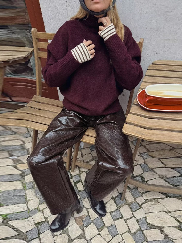 

Элегантный вязаный однотонный свитер, женский свободный свитер с длинными рукавами и воротником-стойкой, универсальные свитера, женский модный осенне-зимний пуловер 2025 г.