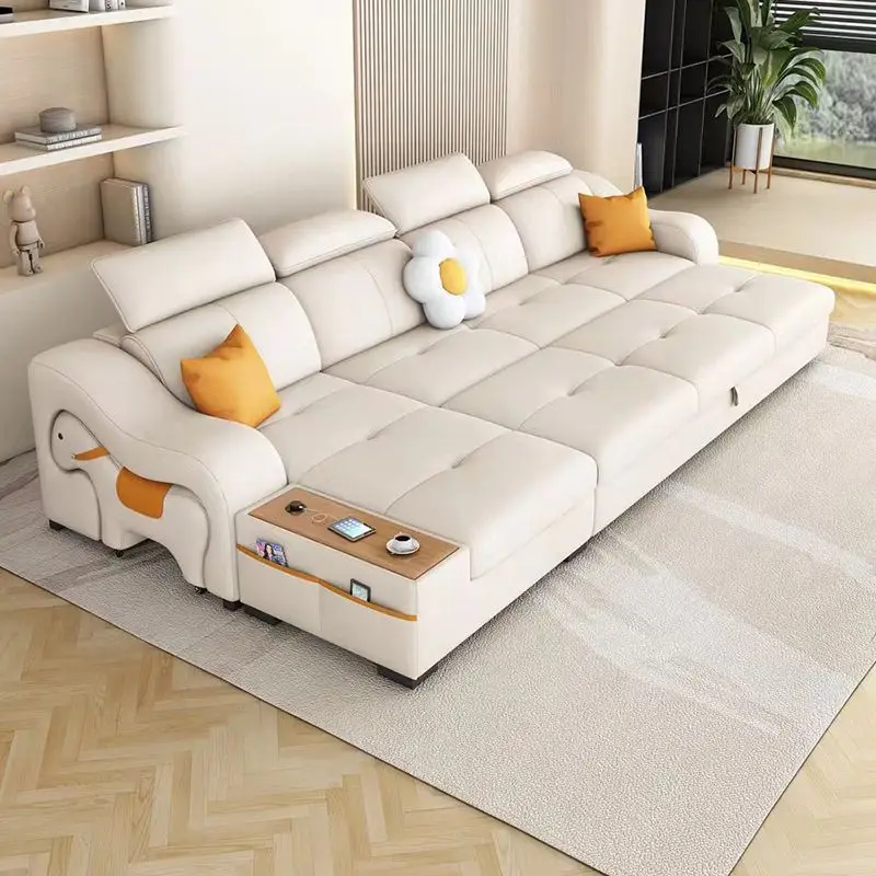 Cream wind cat scratching leather sofa bed, small apartment living room multi-functional dual-purpose foldable storage bed