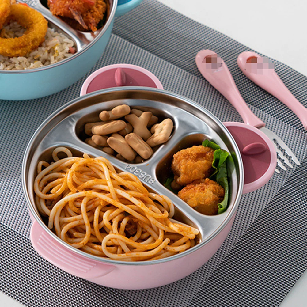 

1Set Baby Feeding Bowls Stainless Steel Infant Bowl Cartoon Bear Design Keep Warm Toddler Suction Plate Child Independent Eating