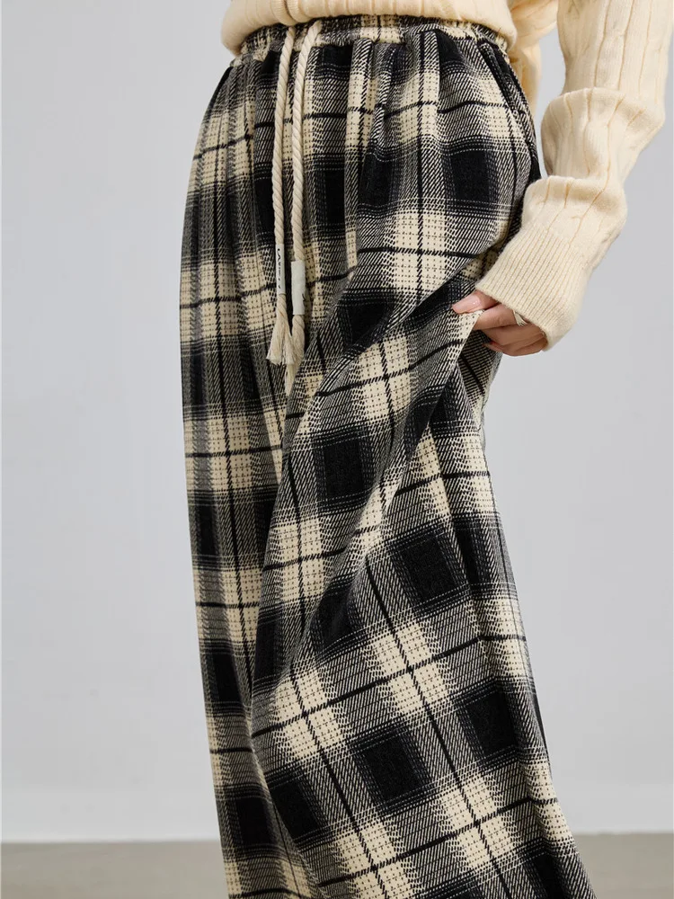 Thi الدافئة منقوشة واسعة الساق السراويل خمر Sle عالية الخصر مستقيم قطع عارضة السراويل للنساء الخريف الشتاء Faion