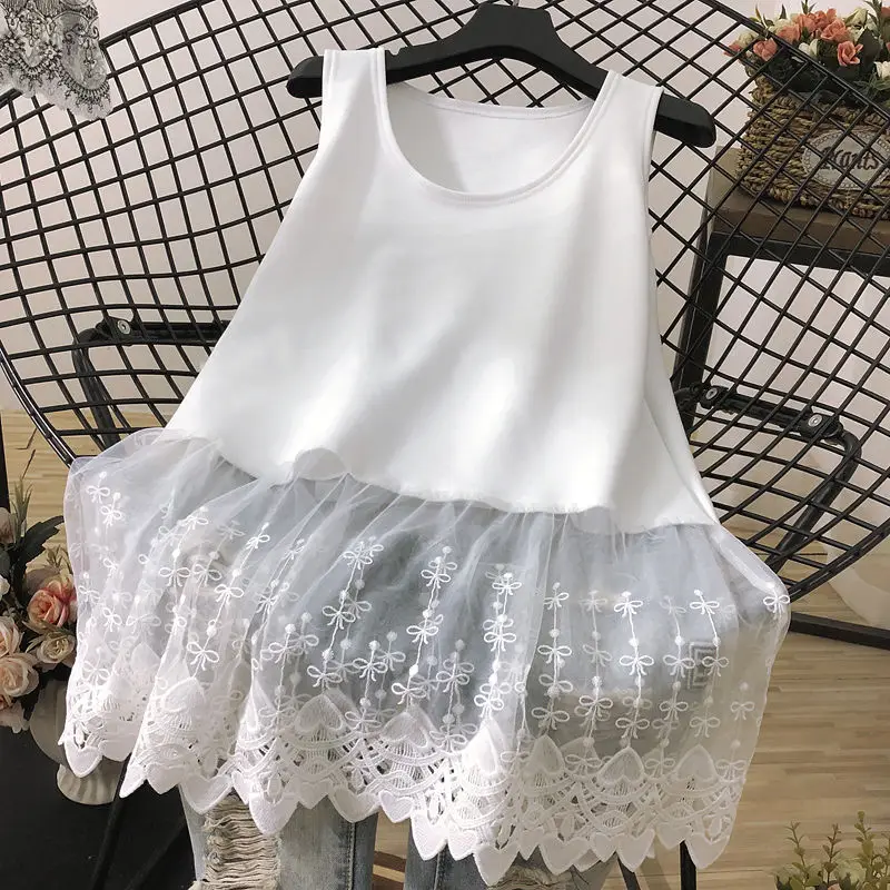 Street Casual Lace Patchwork Tanks Summer New Sleeveless Solid Color Loose Youth White T Shirt Tops Fashion Trend Women Clothing