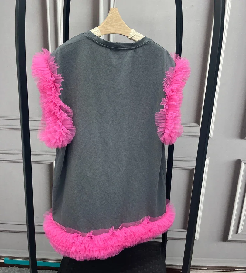 Women Summer Graffiti Cartoon Printed Diamonds Beaded T-shirts Loose Medium Length Mesh Spliced Ruffles 3D Flowers Tees Tops