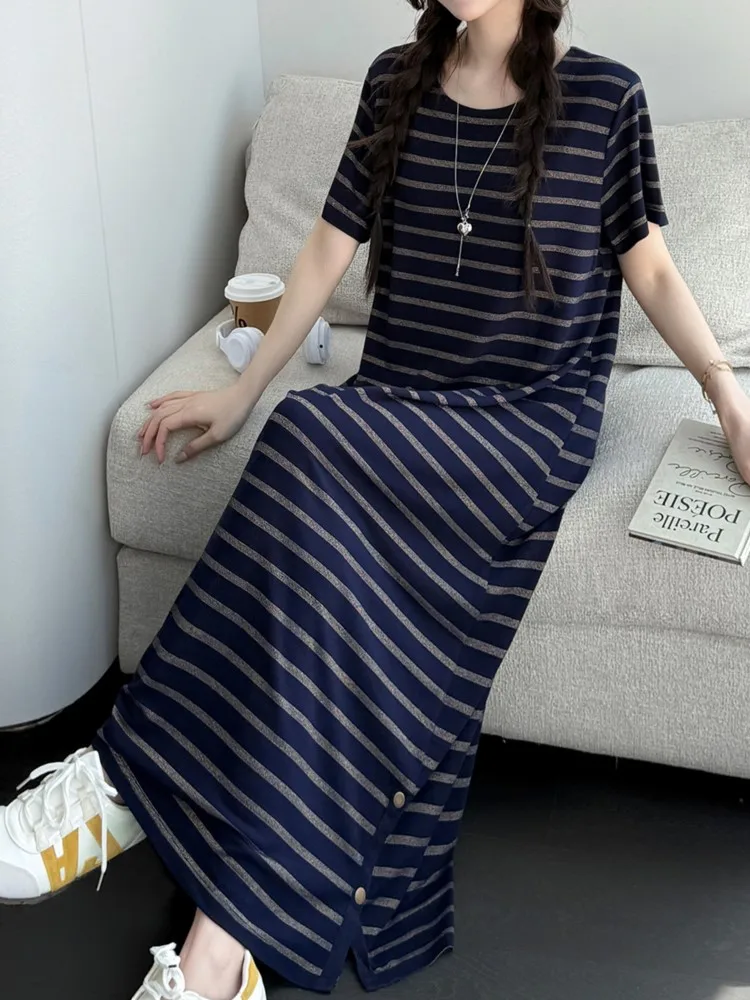 Summer Oversize Striped T Shirt Dress  Women Versatile Slimming Crew Neck Slit Hem Smart Casual Ladies Dresses Vestidos