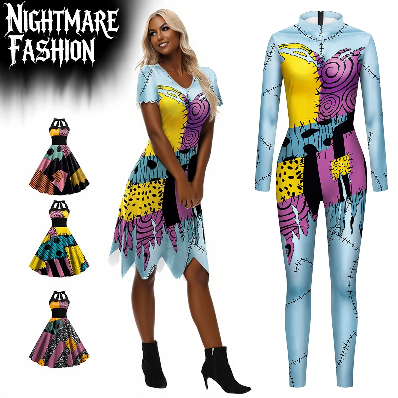 

Sally Printing Cosplay Costume Halloween Performance Jumpsuit Woman Long Sleeve Art Dresses Carnival Festival Stage Zentai SuitS