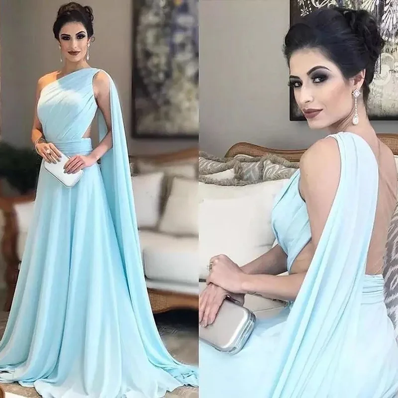 Robe de mère de la mariée bleu clair, asymétrique épaule dénudée plissée en mousseline de soie, longues robes de soirée de bal en arabie saoudite pour fête de mariage