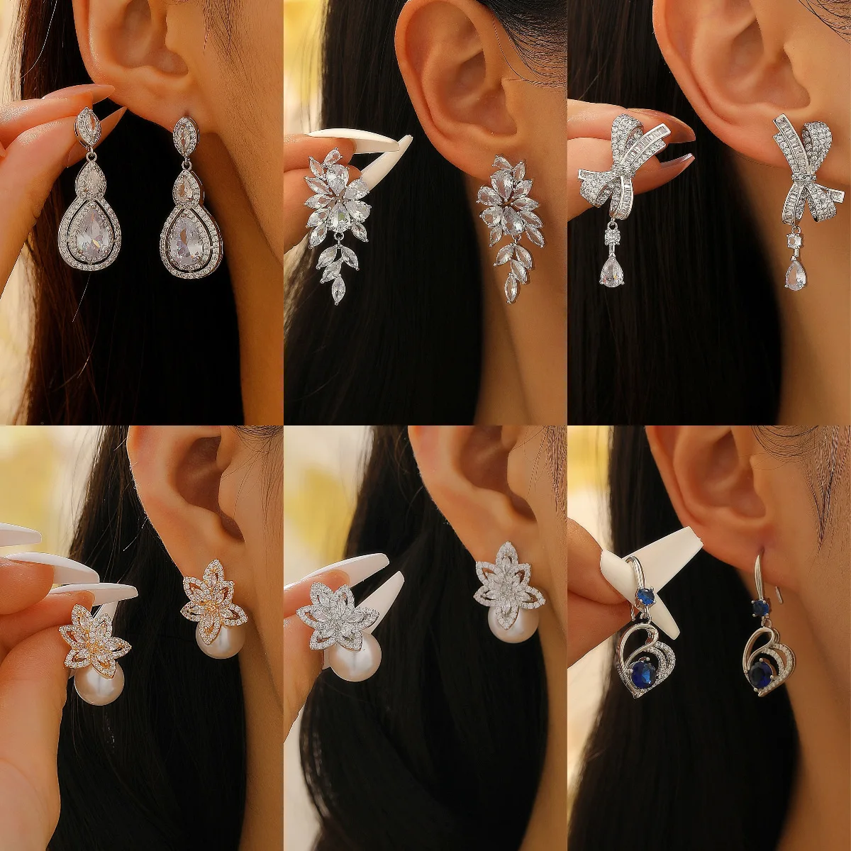 

Large Zircon Shiny Full Crystal Jewelry Banquet Chic Pearl Flower Bow Knot Blue Stone Swirl Design Women Drop Earrings