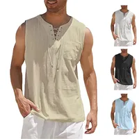 Cotton Linen Shirts Men's Casual Sleeveless Vest Lace Up Shirts Retro V Neck Tank Tops Loose Shirt Male Solid Color Clothes