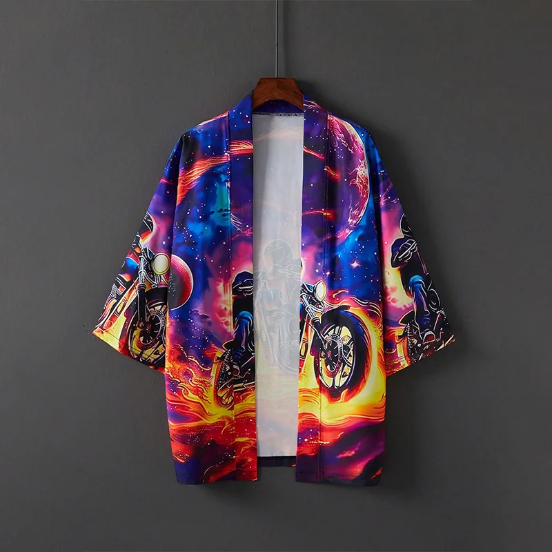 Europeu e americano retro na moda estilo mecânico 3d motocicleta impressão quimono haori verão estilo de rua personalizado casal praia férias maiô de uma peça outerwear cardigan cover-up