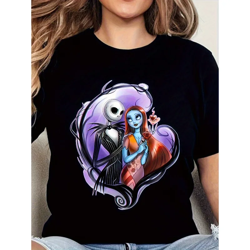 

Anime The Nightmare Before Christmas Printed T-shirt Disney Halloween New Women's Plus Size Trend Loose Casual Short-sleeved Top
