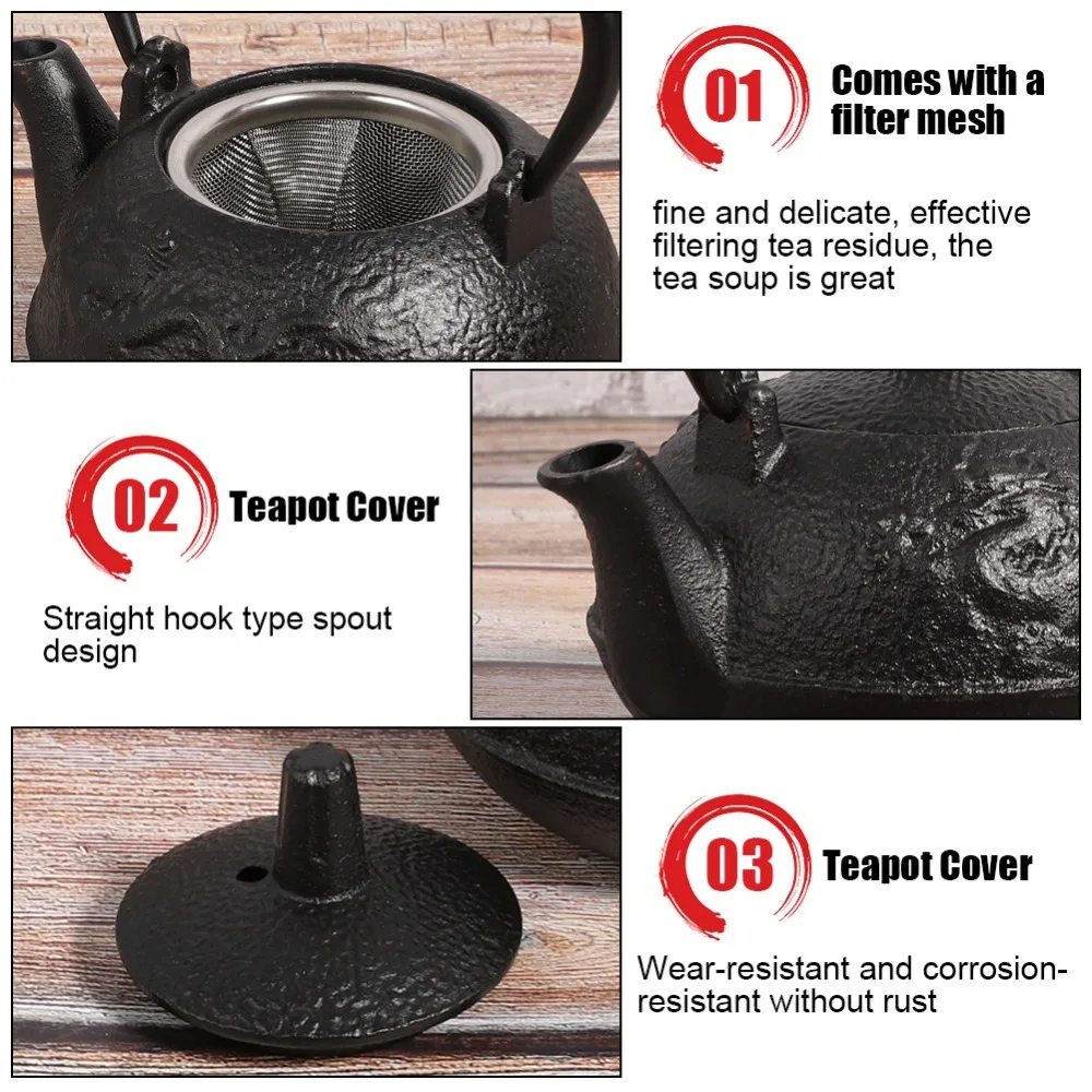 3pcs 0.3L Cast Iron Teapot With Filter And Cover Double Dragon Uncoated Teapot Stovetop Compatible Decoration Tea Set Home Use