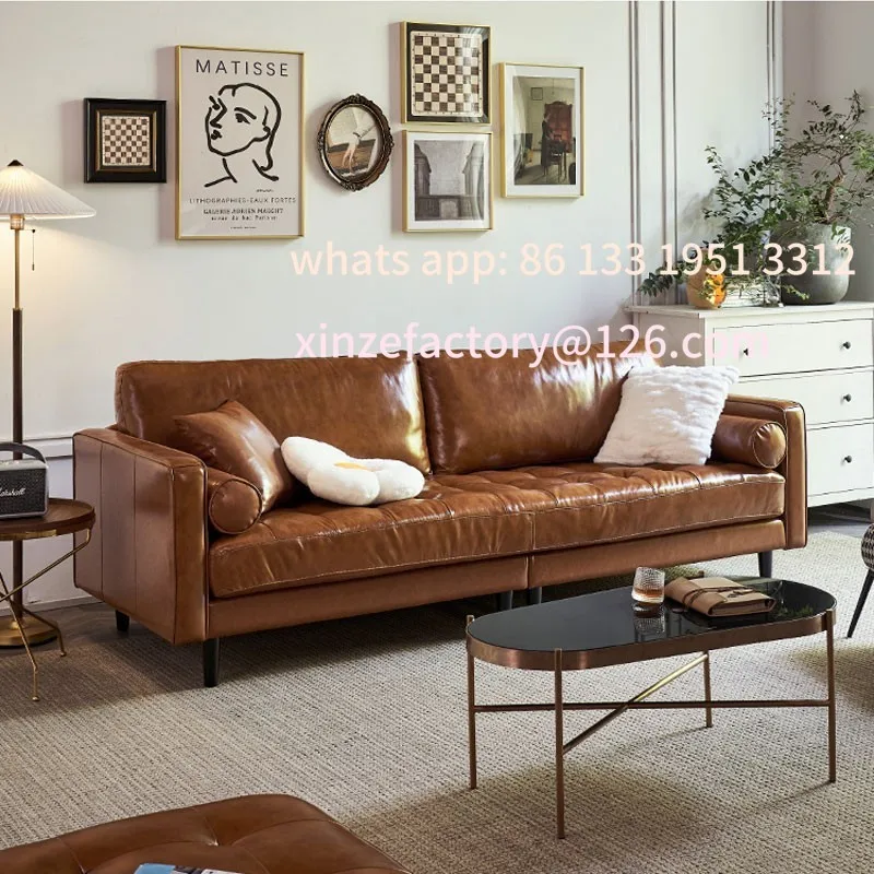 أريكة جلدية قابلة للتخصيص، شقة صغيرة، طبقة أولى من جلد البقر، طراز متوسط قديم، شمع زيتي، جلد أمريكي قديم، إيطالي