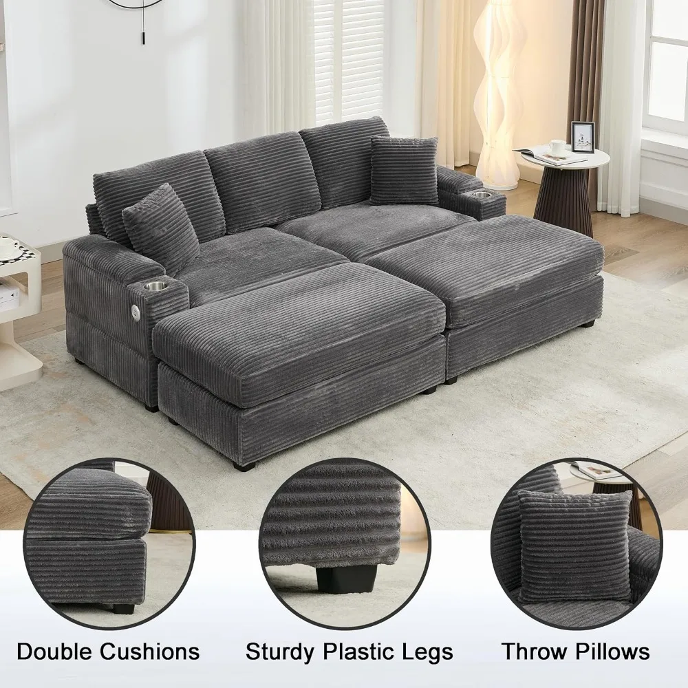 Модульный секционный диван Cloud с двумя пуфиками, удобная вельветовая обивка, раскладной диван с подстаканниками, USB Po