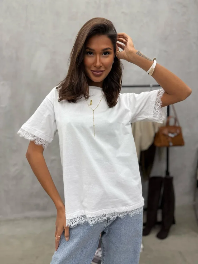

Женская однотонная футболка с кружевными вставками и коротким рукавом, повседневная, с круглым вырезом, свободная, тонкая, топ, новинка 2026 года, летняя, для повседневной носки и работы