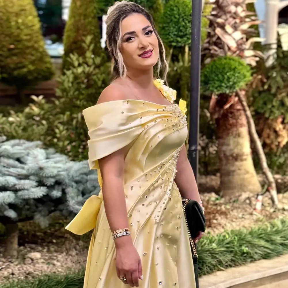Customized Yellow Satin Engagement Dress for Bridel Off the Shoulder 3D Flower Formal Evening Dresses With Bow Tie