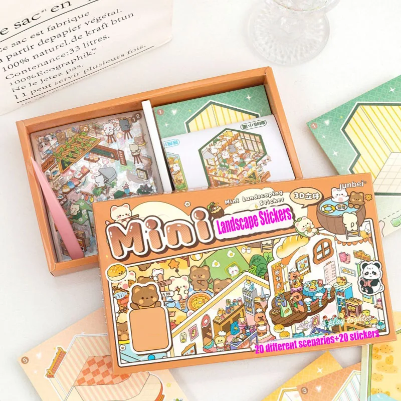 41 Piece Set, Including 20 Scene Cards, 20 Stickers and 1 Pair of Tweezers, 3D Mini Scene Stickers, DIY Handmade 3D Landscape St