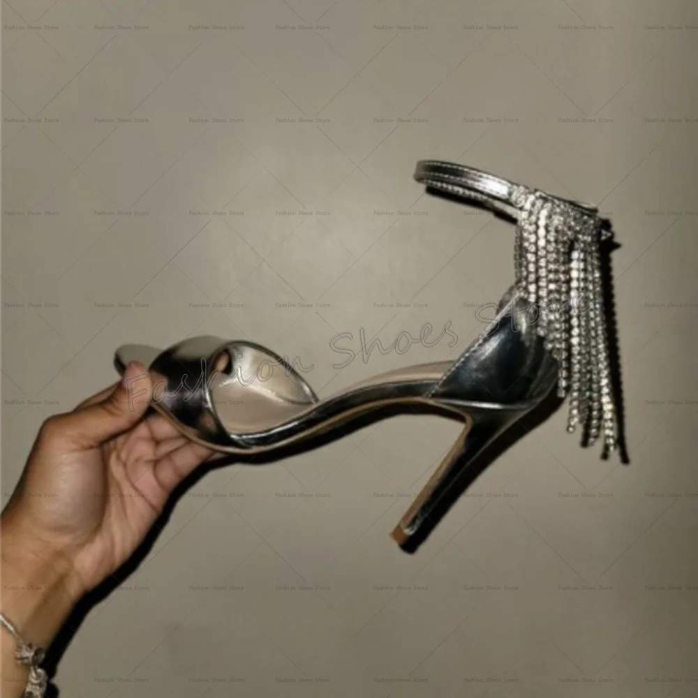 

Silver Crystal Tassels Peep Toe Sandals Patent leather Women Shoes Thin High Heels Party Banquet Dating 2025 Zapatos Para Mujere