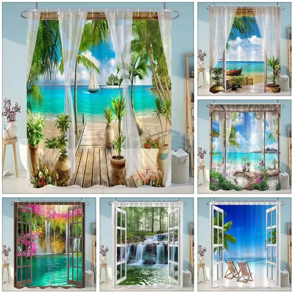

Simulation Window Beach Forest Outdoor Shower Curtain Tropical Seaside Landscape Bohemian Cloth Hanging Curtains Bathroom Decor