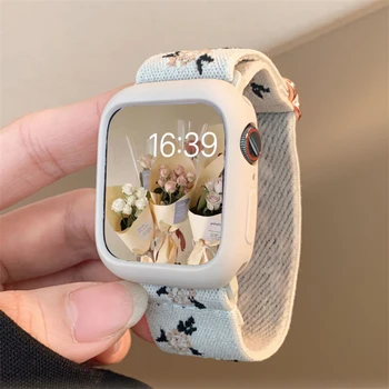 Correa de Flor Retro + funda para Apple Watch Band 49mm 40mm 44mm 45mm 41mm 38 42mm banda elástica de nailon para iWatch Serie 3 4 5 6 SE 7 8