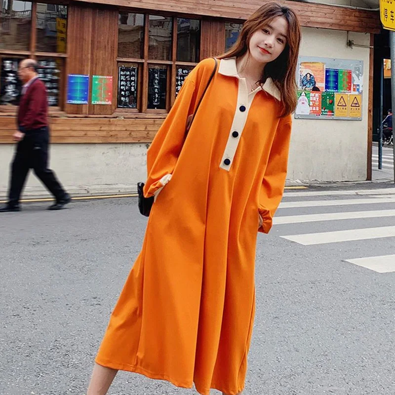 Spring New Contrast Patchwork Casual Dresses Long Sleeve Polo Neck Loose Plus Size Midi Dress Korean Fashion Women Clothing