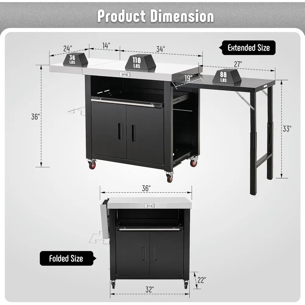 طاولة شواء للمطبخ الخارجية من الفولاذ المقاوم للصدأ مع جوانب قابلة للطي ولوحة قابلة للسحب، 74 × 24