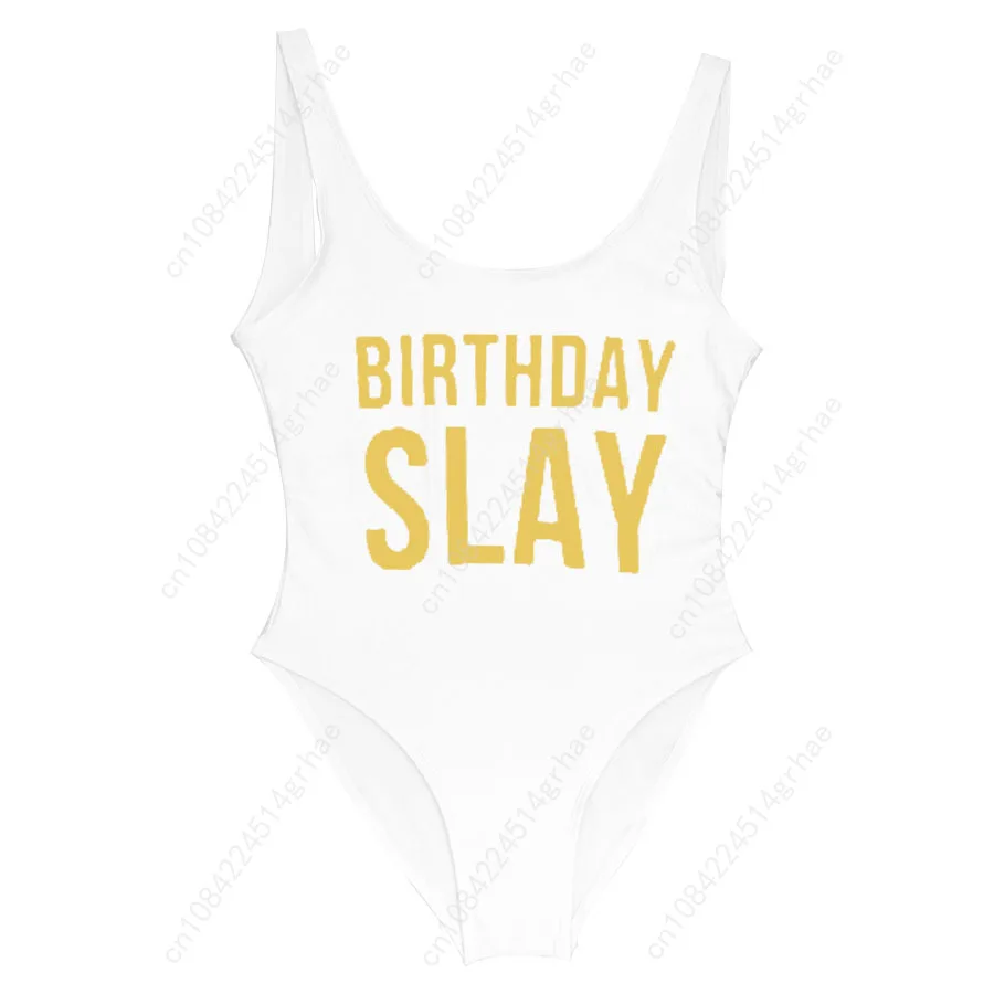 誕生日スレイゴールデンレターワンピース水着ガール水着女性ハイカット水着プラスサイズモノキニセクシーなビーチウェアファム