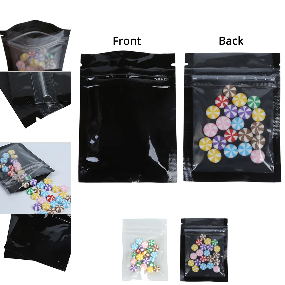 6.5x9cm Glossy Black White One Side Clear Zip Lock Pouches Resealable Smell Proof Heat Seal Flat Bottom Plastic Storage Bags