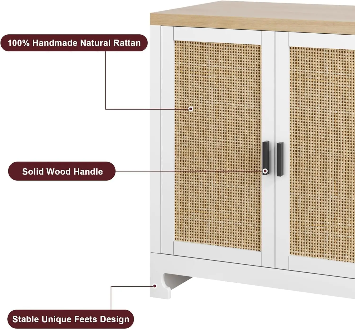 Armoire de rangement en rotin avec 4 portes et étagère, console moderne, armoire de café-bar pour la maison, la salle à manger, la cuisine