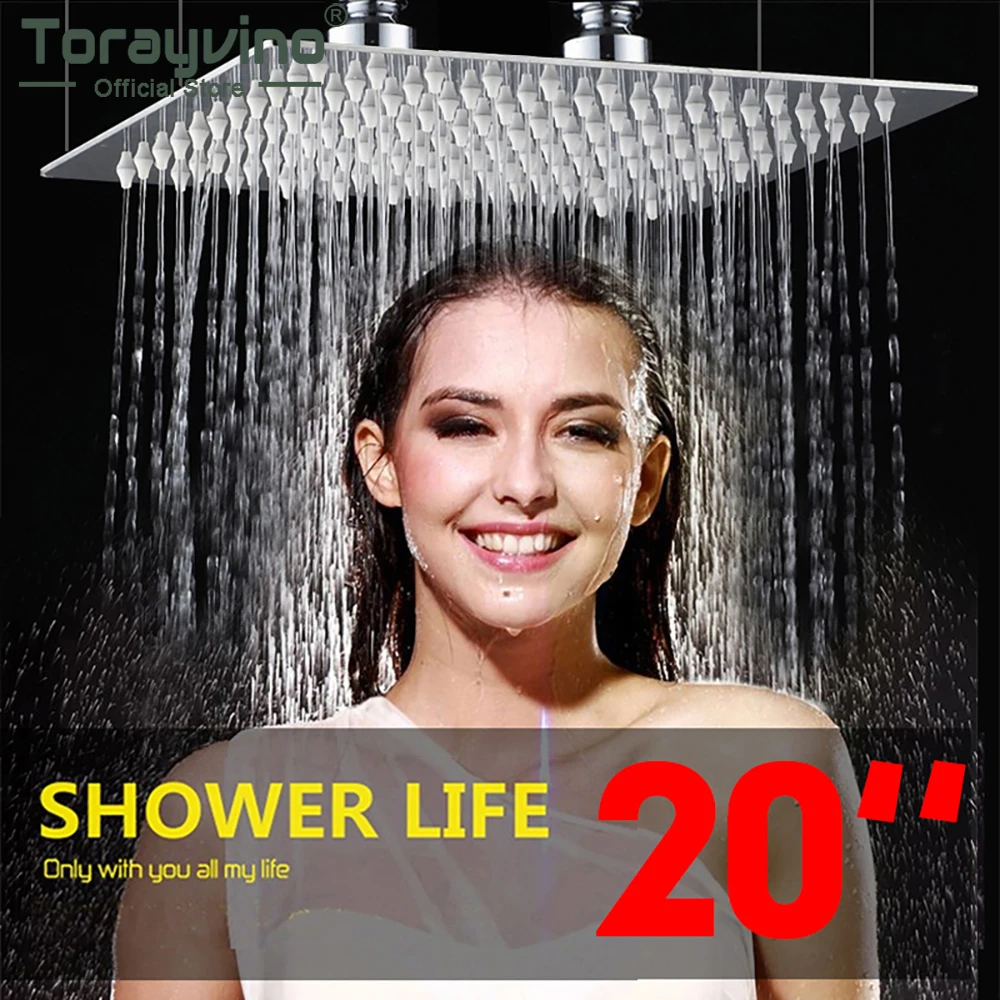 Torayvino Chrome Polished Finish 20 Inch Bathroom Square Shower Head Faucet Ceiling Mounted Stainless Steel Rainfall Shower Tap