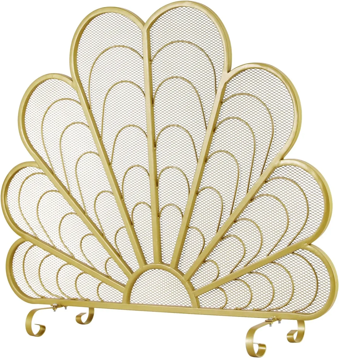 

38 x 32 Inch Peacock Feather Brass-Tone Metal Fireplace Screen, Freestanding Decorative Mesh Fire Guard with Curved Legs