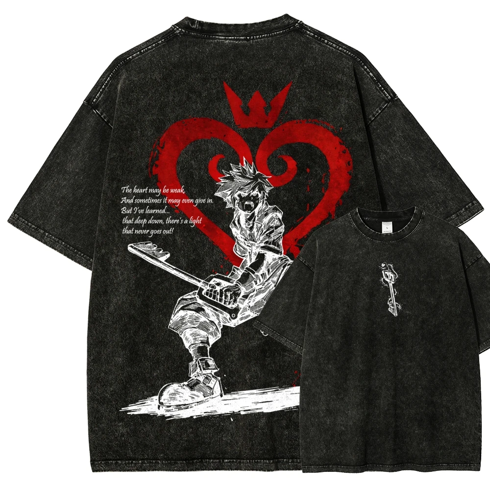 Hot Anime Kingdom Hearts New Model Washed T-shirt Oversized personality Clothes Unisex Year round clothing Washed Retro Fashion