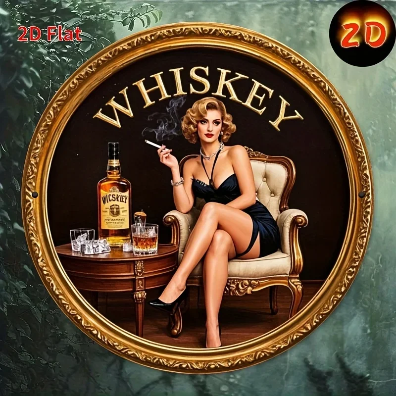2D Flat Round Metal Sign Whiskey Vintage Gold Frame Wall Art Retro Bar Pub Decor Gentleman Club Lounge Home Garden Decoration