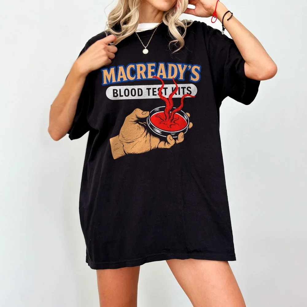 الشيء اختبار الدم قميص MacReady الرعب المحملة 80s الخيال العلمي عبادة الفيلم قميص الغريبة محاكاة ساخرة هدية لمحبي الفيلم قميص الهالوين
