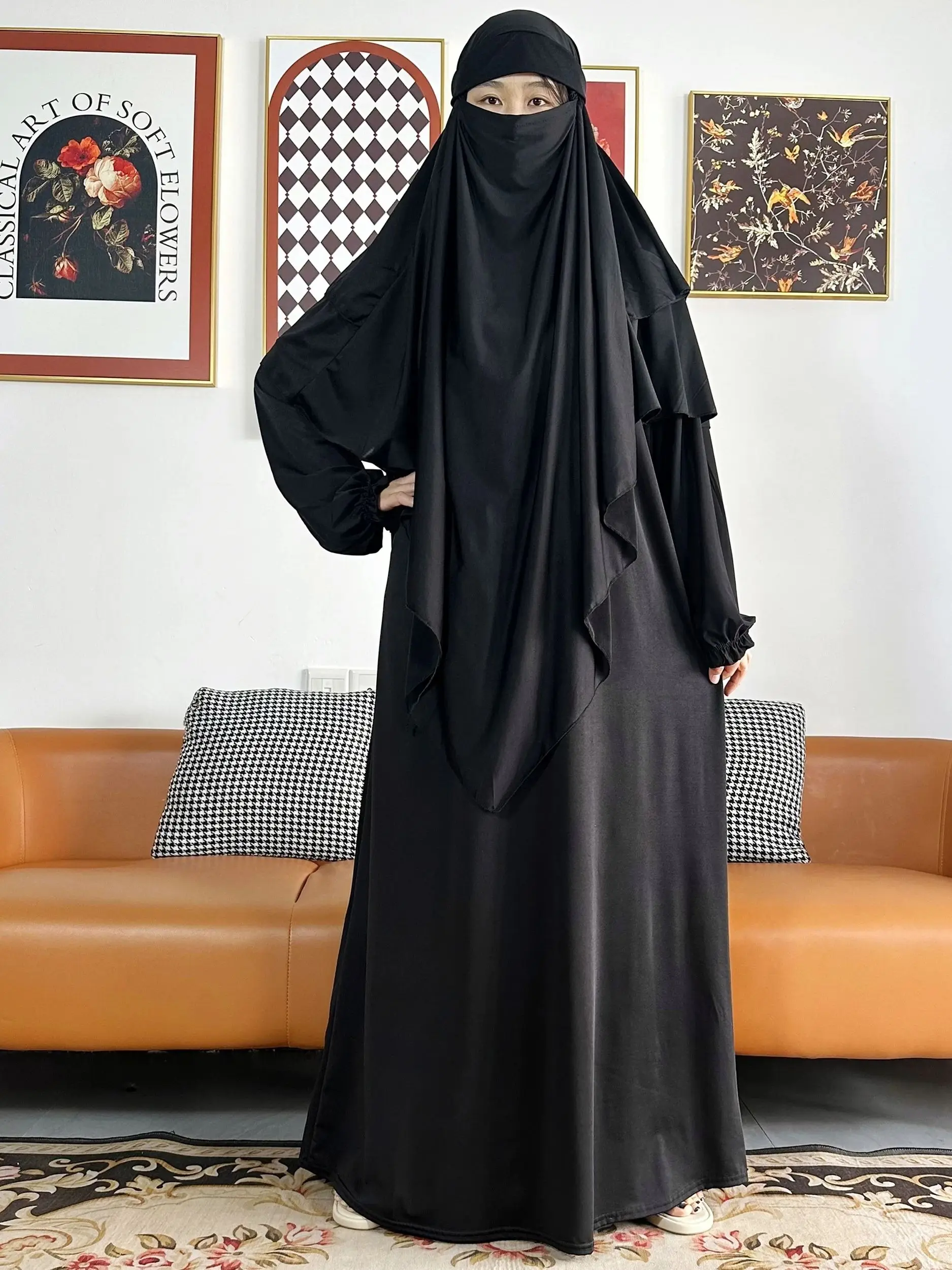 2 Pieces Set Abaya Khimar Set High Quality Nida Muslim Women Long Sleeve Two Piece Prayer Hijab Dress Islamic Clothing