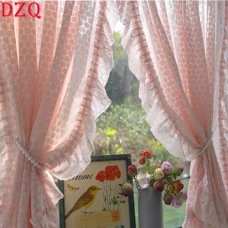 

Idyllic American Rural Pink Flowers Tulle Door Curtains Lace Warp Ruffled Curtains for Kitchen Lace Roman Curtains #A559